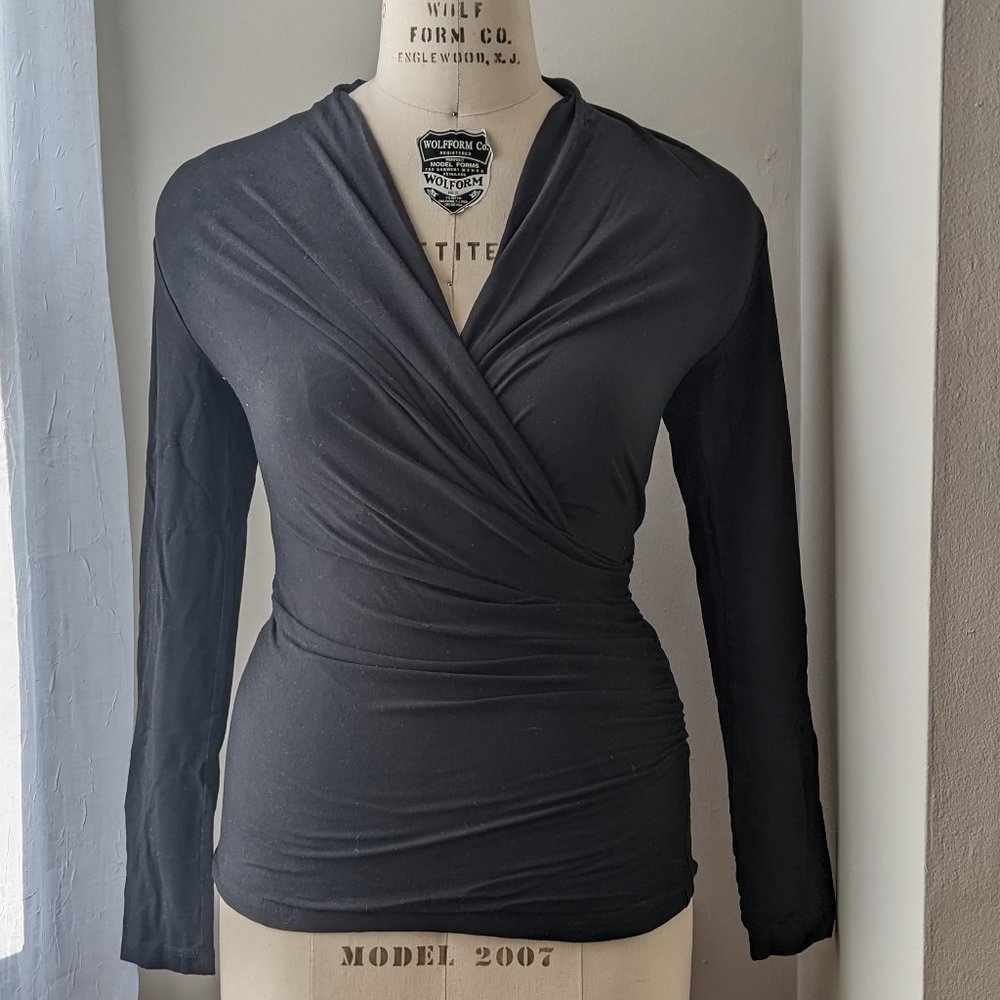 MM LAFLEUR Fey Faux Wrap Top Black Long Sleeves Stretchy Work Wear Ruched US L